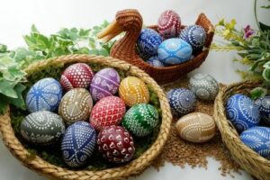 Die Osterfeiertage sind typisch für verzierte Ostereier und bemalte Eier