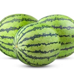Drei ganze Wassermelonen mit hellgrün gestreifter Schale vor weißem Hintergrund