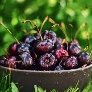 Schale mit frisch gewaschenen Kirschen im Gras