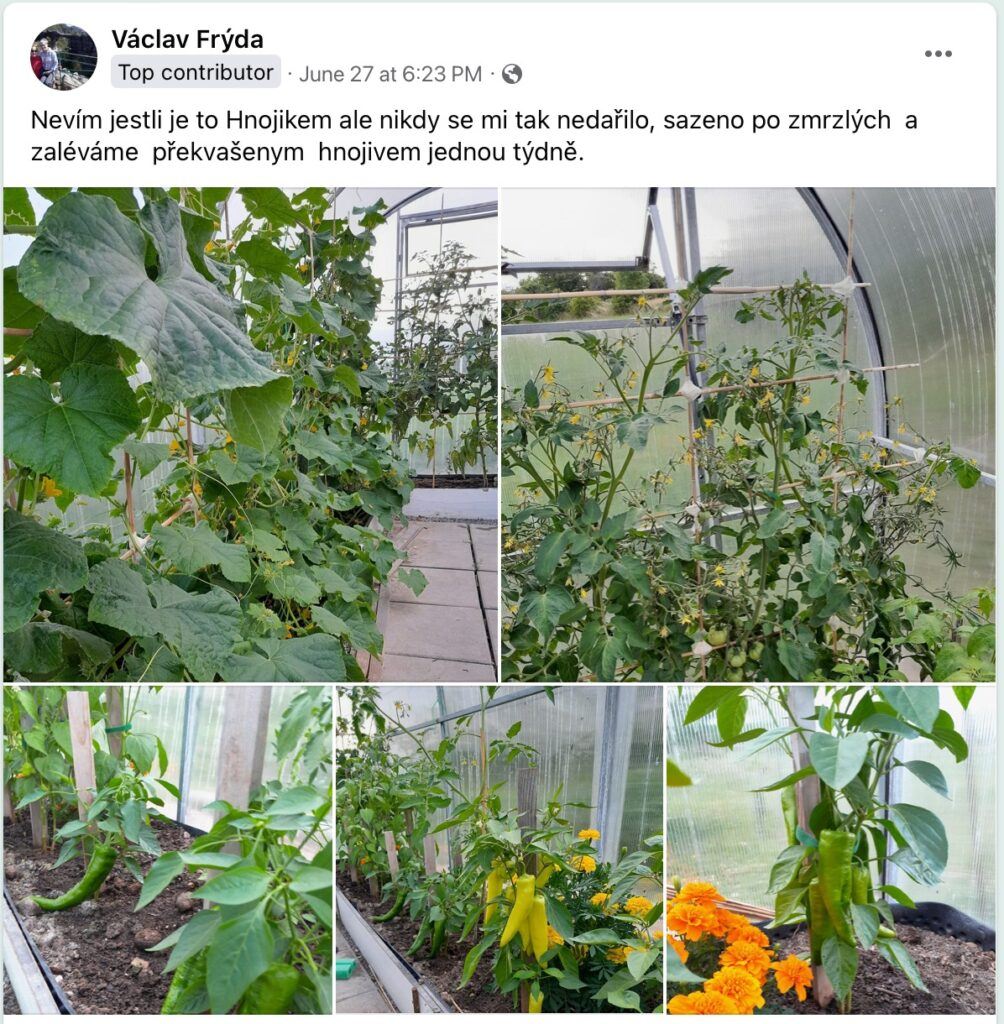 Dünger in der Verpackung im Garten mit grünen Pflanzen