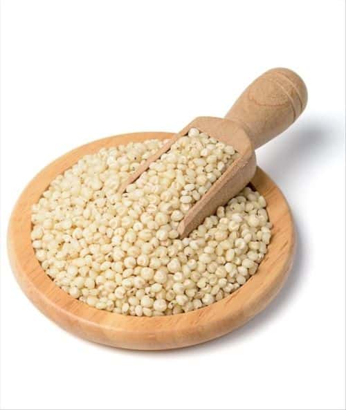 Sorghum mit entfalteten Rispen und grünen Blättern