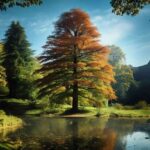 Urweltmammutbaum in orangeroter Herbstfärbung am Ufer eines Teiches