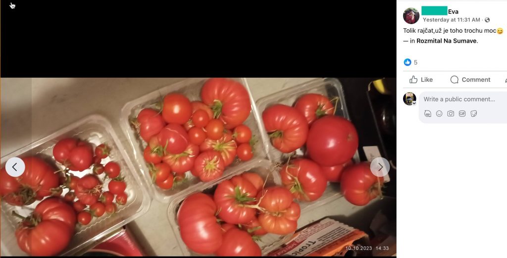 Screenshot eines Facebook-Beitrags: Kisten mit selbst gezogenen Tomaten von einer Kundin