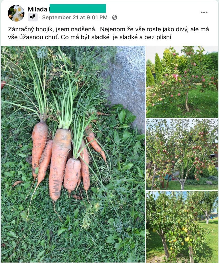 Screenshot eines Facebook-Beitrags: frisch gezogene Möhren sowie Apfel- und Birnbäume voller Obst