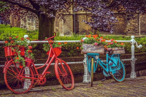 Geranien in Balkonkästen neben einem angelehnten Fahrrad