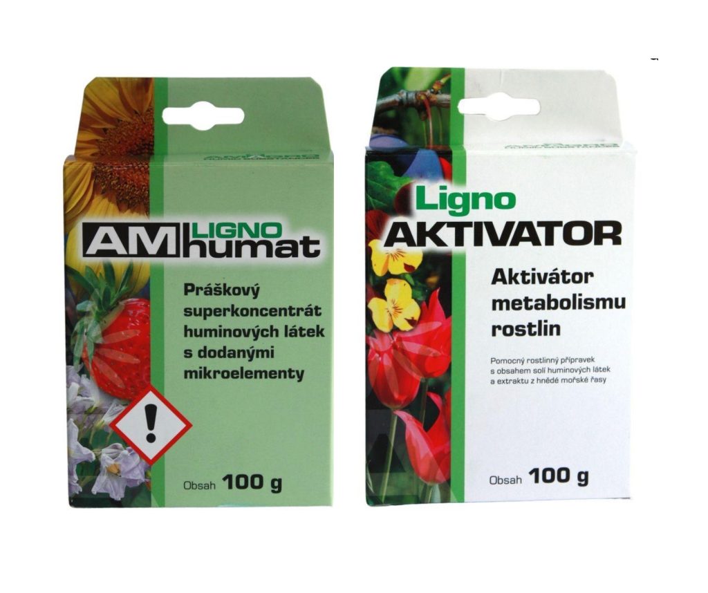 Zwei Produktverpackungen von Lignohumat: Links Pulverkonzentrat für Huminsäuren mit Mikronährstoffen, rechts Aktivator für Pflanzenstoffwechsel, je 100 g.