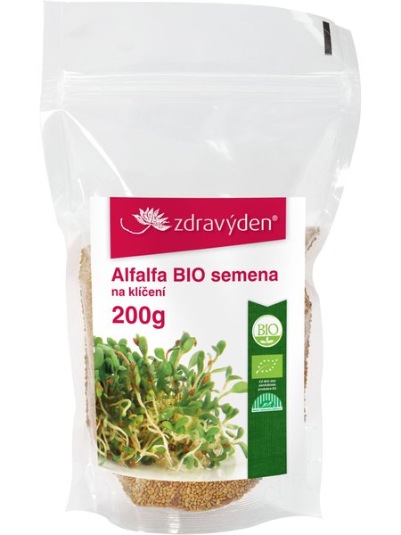 Transparente Verpackung mit Bio-Alfalfa-Samen zum Keimen, 200g, mit rotem Zdravýden-Etikett und grünem Bio-Zertifikat.
