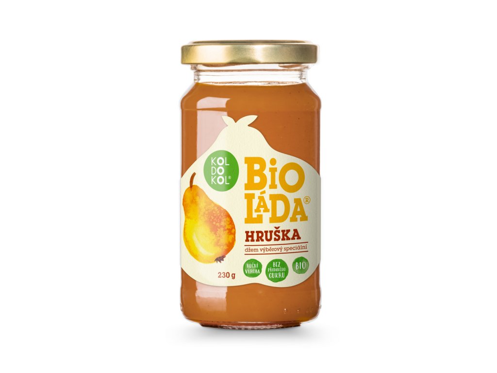 Biolada Bio-Birnenkompott in einem 230g-Glas mit goldenem Deckel, Kolokol-Logo und Bio-Zertifikat sichtbar