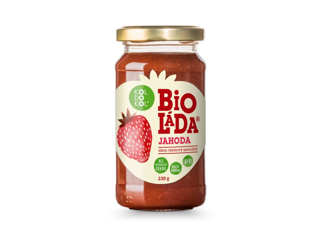 Bioláda jahoda 230g Glas mit Bio-Erdbeerkonfitüre von Kolokol, zuckerfrei, ideal für natürliche Gartenernte