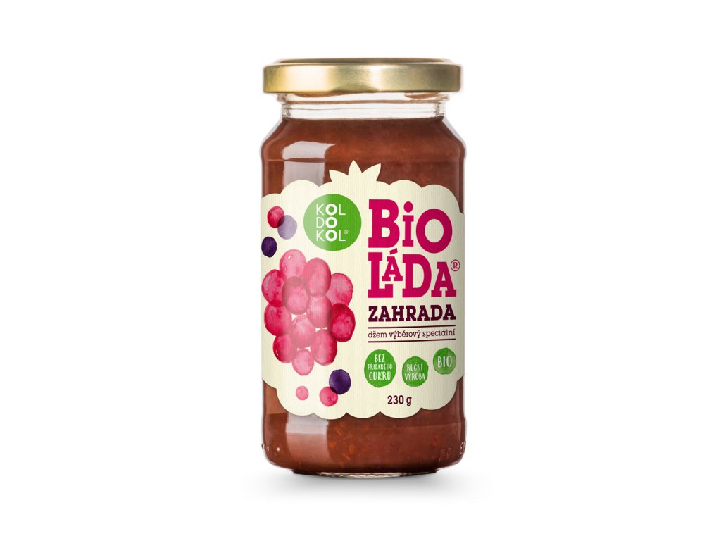 Sklenice s bioorganickým záhradním hnojivem Biolada 230g, zlatým uzávěrem a barevným obalem se zahradními plody.
