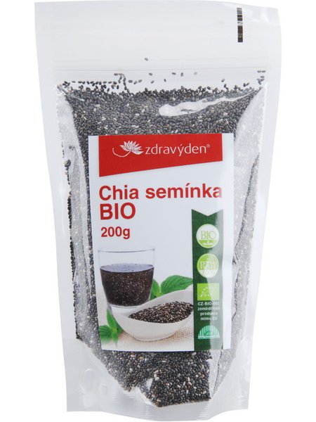 Packung mit Bio-Chiasamen 200g, dunkle kleine Samen in transparentem Beutel mit rotem Etikett