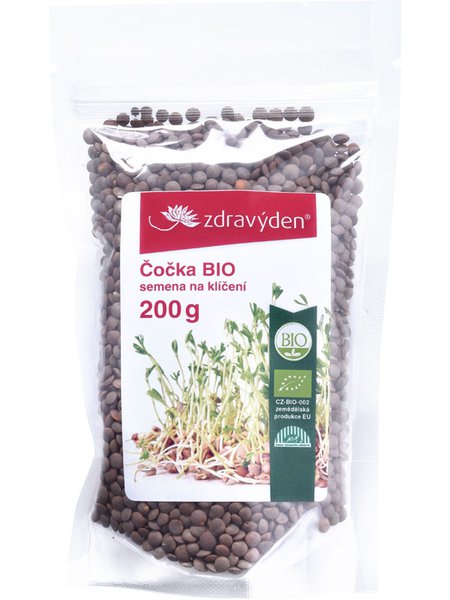 Biologische Linsen zum Keimen in 200g Packung mit roten Linsenkörnern und Keimzubehör.