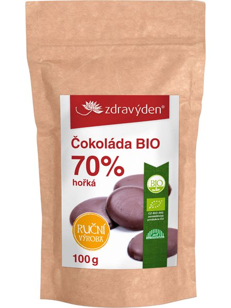 Zdravýden Bio-Schokolade mit 70% Kakaoanteil in braunem Papierbeutel mit rotem Etikett.