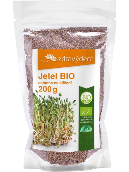 Packung mit Bio-Keimsprossen-Samen, 200g Luzerne, transparente Verpackung mit orangem Etikett.