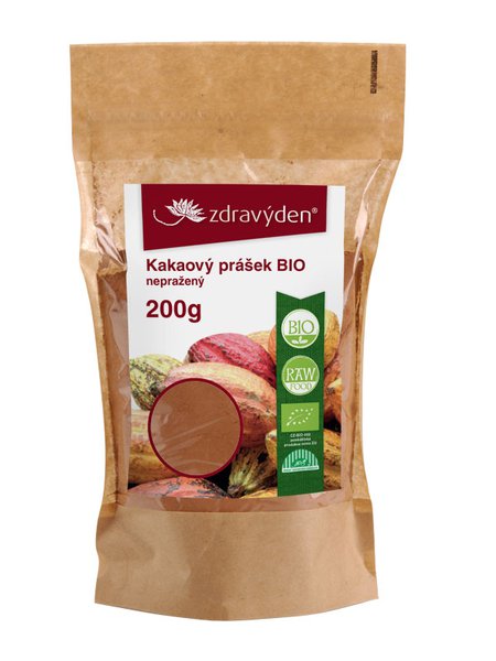 Papierpackung mit Bio-Kakaopulver ungeröstet, 200g, Marke Zdravýden, mit Kakaobohnen und Pulverprobe auf dem Etikett
