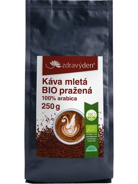 Balení Bio mleté kávy arabica 250g značky zdravýden s logem a certifikací
