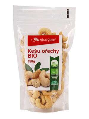 Bio Cashewkerne in transparenter Verpackung mit Etikett, 150g Beutel