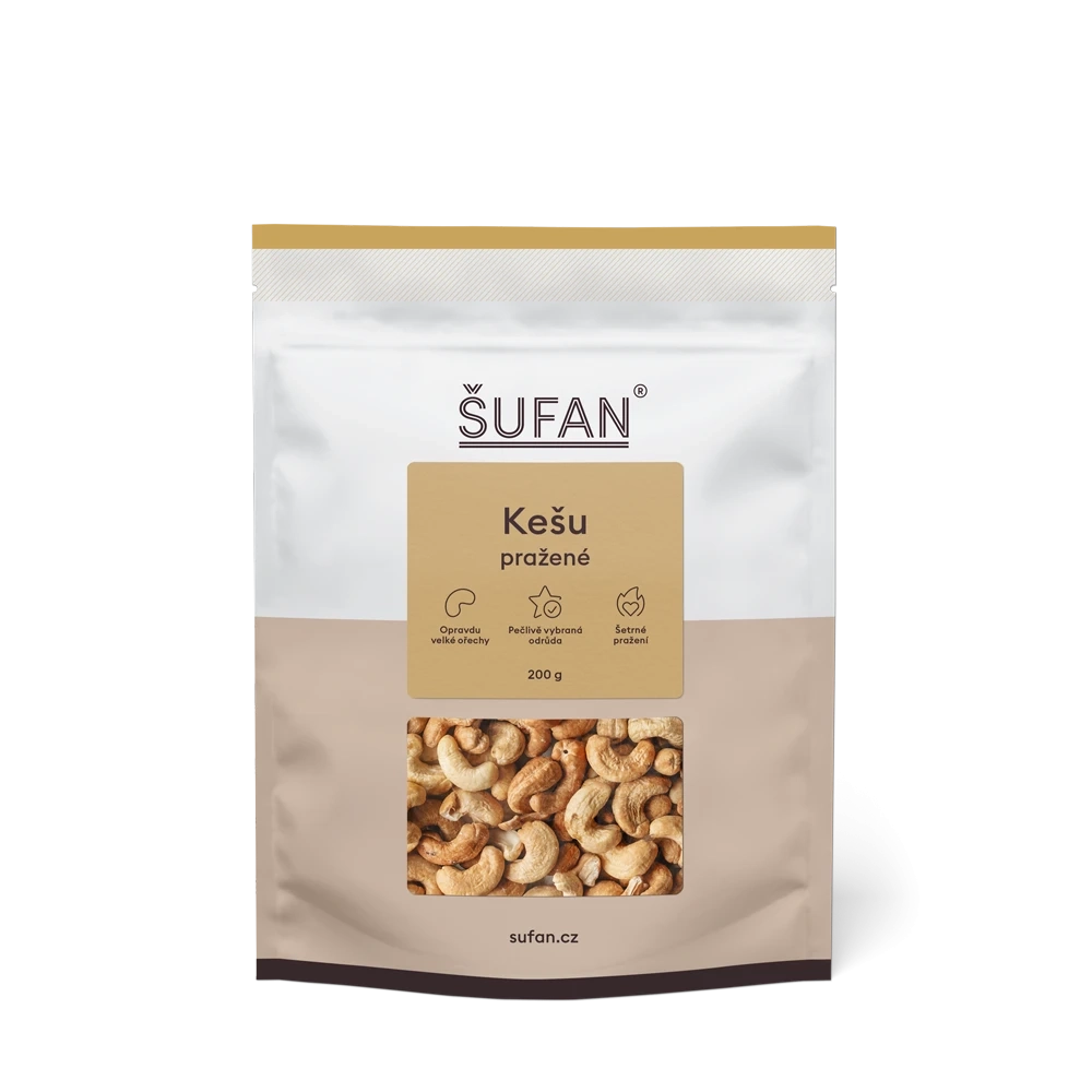 Packung mit gerösteten Cashewkernen, 200 g, Marke Šufan mit goldener Banderole