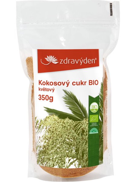 Balení bio kokosového cukru s květinovou příchutí od značky Zdravýden, 350g, v průhledném sáčku.