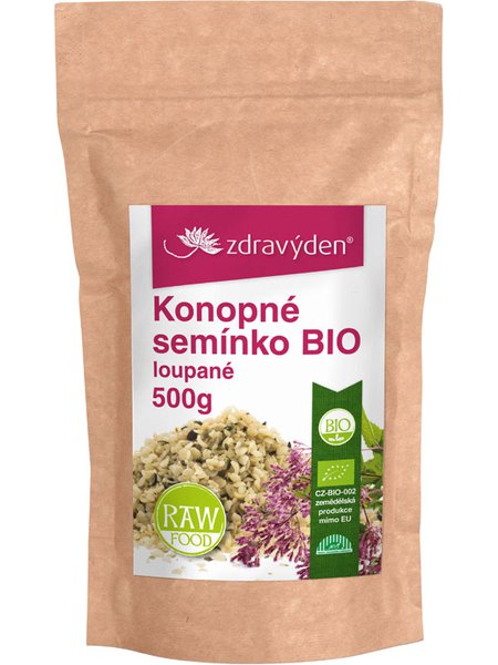 Hanfsamenkerne geschält BIO 500g in Kraft-Papierbeutel mit Produktetikett und Nährwertangaben.