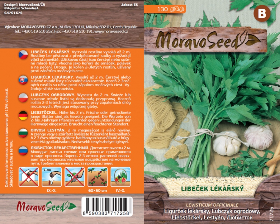 Liebstöckelsamenpäckchen von MoravoSeed mit Pflanzendarstellung und mehrsprachigen Anbauinformationen