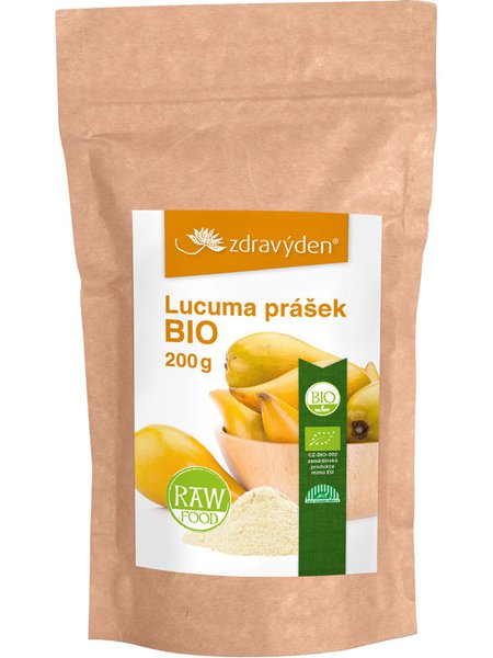 Bio-Lucuma-Pulver in nachhaltiger Papierverpackung mit Produktdetails und Zertifizierungslogos