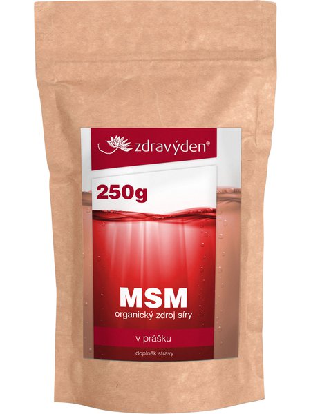 Papierová taška s MSM práškem zdravýden® v objeme 250 gramov, organický zdroj síry v práškovej forme.