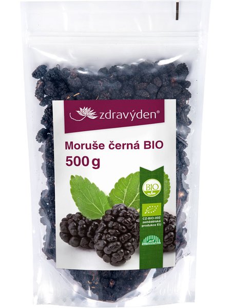 Packung mit getrockneten schwarzen Maulbeeren der Marke zdravýden, 500g Bio-Qualität, mit grünem Bio-Zertifikat