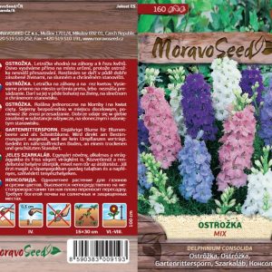 Ostrožka mix - různobarevné květy (růžové, fialové, bílé) ve venkovské zahradě s listnatým pozadím