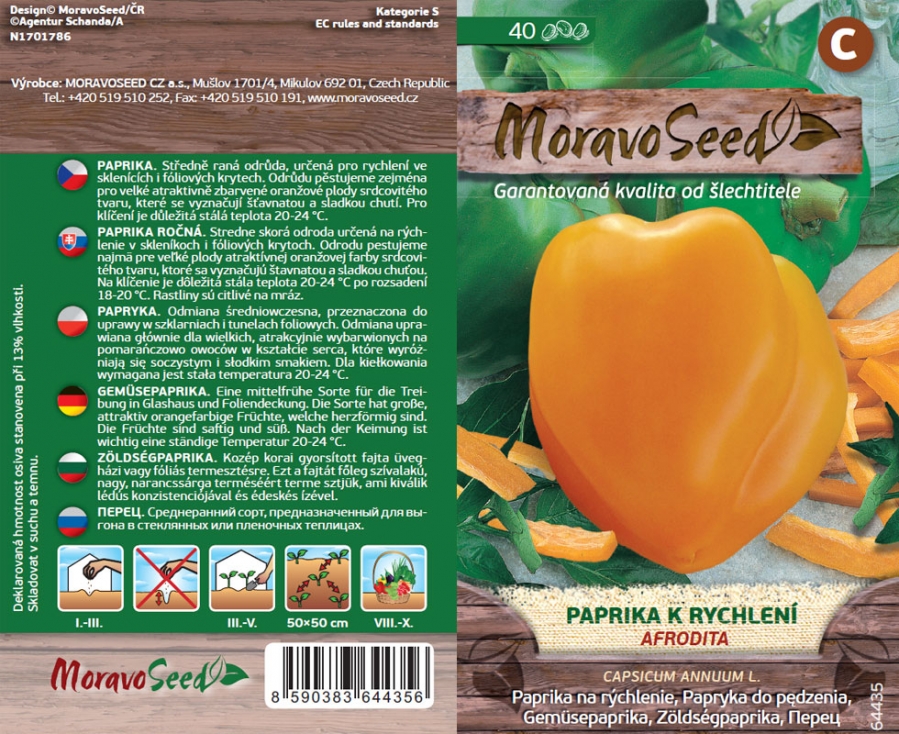 Paprika na rýchlenie odroda Afrodita s oranžovými plody na zeleném pozadí, obal semen od MoravoSeed s popisem pestování.