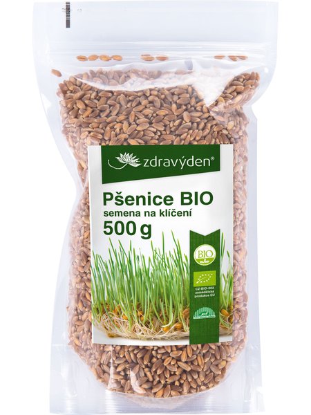 Bio-Weizenkörnern für die Keimung in transparenter 500g Verpackung mit grünem Zdravýden-Etikett.