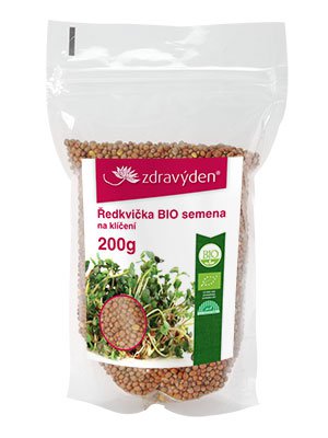 Transparentní balení s Bio semeny ředkviček značky Zdravyden, 200 g, se zobrazením rostoucích rostlin na obalu.