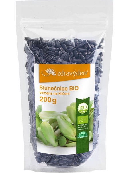 Bio-Sonnenblumenkerne zum Keimen in transparenter Verpackung mit orangegelber Etikett und Abbildung grüner Keimlinge.