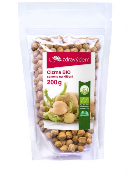 Packung mit Bio-Kichererbsensamen zum Keimen, 200g, mit Produktetikett und Keimungsanleitung