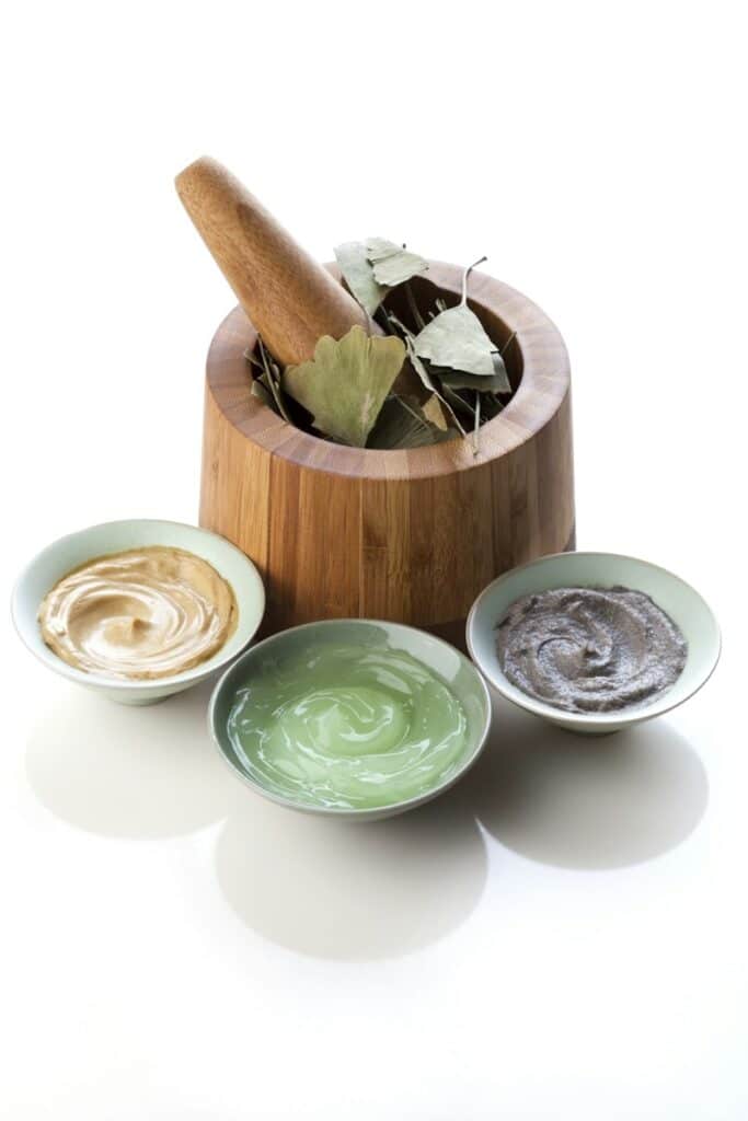 Hautpflege: Kosmetikprodukte mit Mörser und Stößel, umgeben von Blättern des Ginkgo biloba
