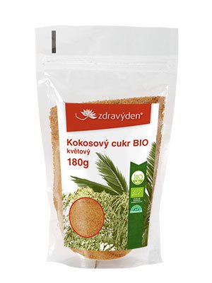 Beutel Kokoszucker BIO Blütensorte 180g mit Zdravýden Etikett, Produktansicht.