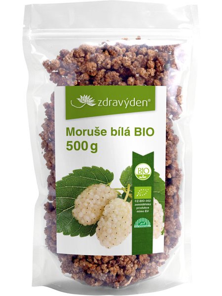 Verpackung von getrockneten weißen Maulbeeren in Bioqualität mit Blättern und Früchten auf dem Etikett.