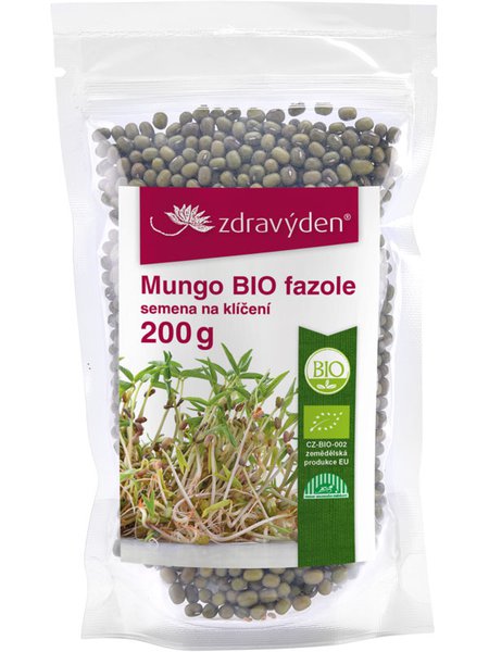 Bio-Mungobohnen zur Keimung in transparenter 200-g-Packung mit rote Markenlogo und grünem Bio-Zertifikat