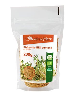 Transparent verschlossener Beutel mit 200g Bio-Bockshornkleesammen, oranges Etikett mit Markenlogo, Keimsprossen abgebildet.