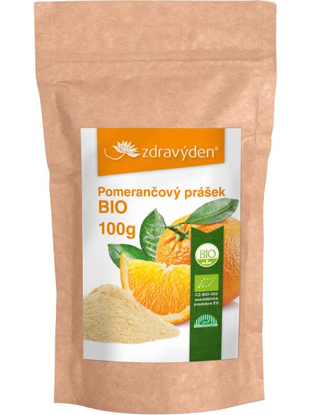 Papírový sáček BIO oranžového prášku od značky Zdravýden, 100g, s etikety zobrazující oranžové plody a zeleň.