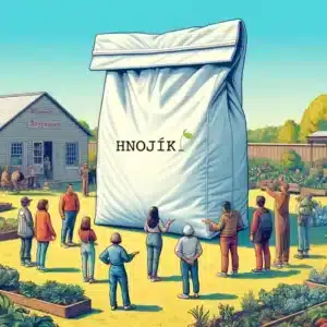 Große Verpackung des Düngee-Düngers bei einer Gemeinschaftsveranstaltung im Garten mit vielen interessierten Besuchern.