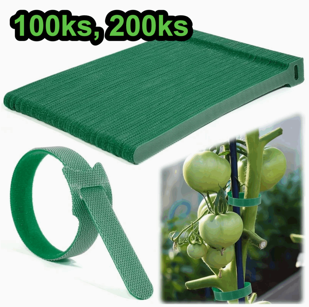 Grüne Pflanzenbinder aus robustem Material in zwei Größen (100ks, 200ks) zum Stützen von Tomatenpflanzen und anderen Gemüsesorten im Garten.