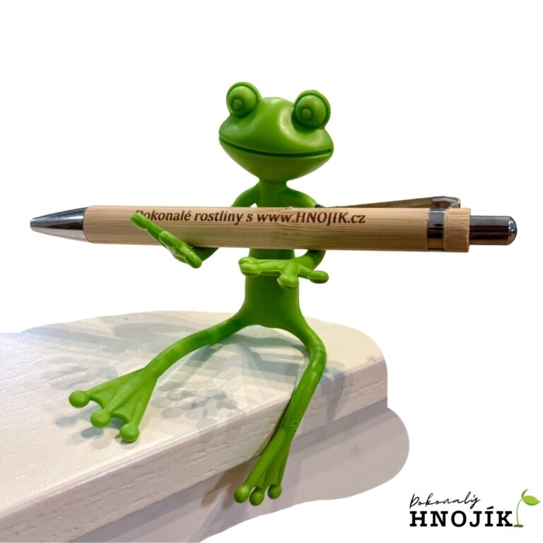 Grüne Froschfigur mit einem Kugelschreiber aus Holz