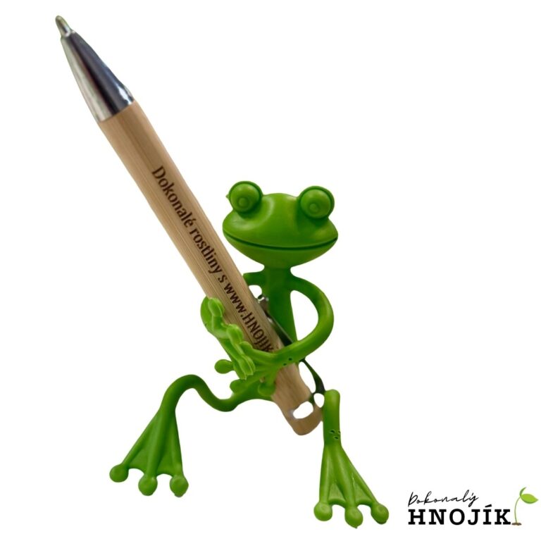 Grüne Froschfigur mit einem Kugelschreiber aus Holz