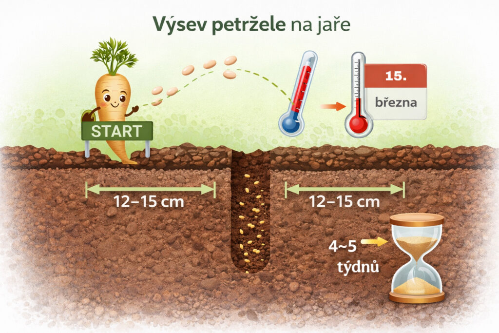 Aussaat von Petersilie im Frühling Illustration richtige Tiefe und Reihenabstände"