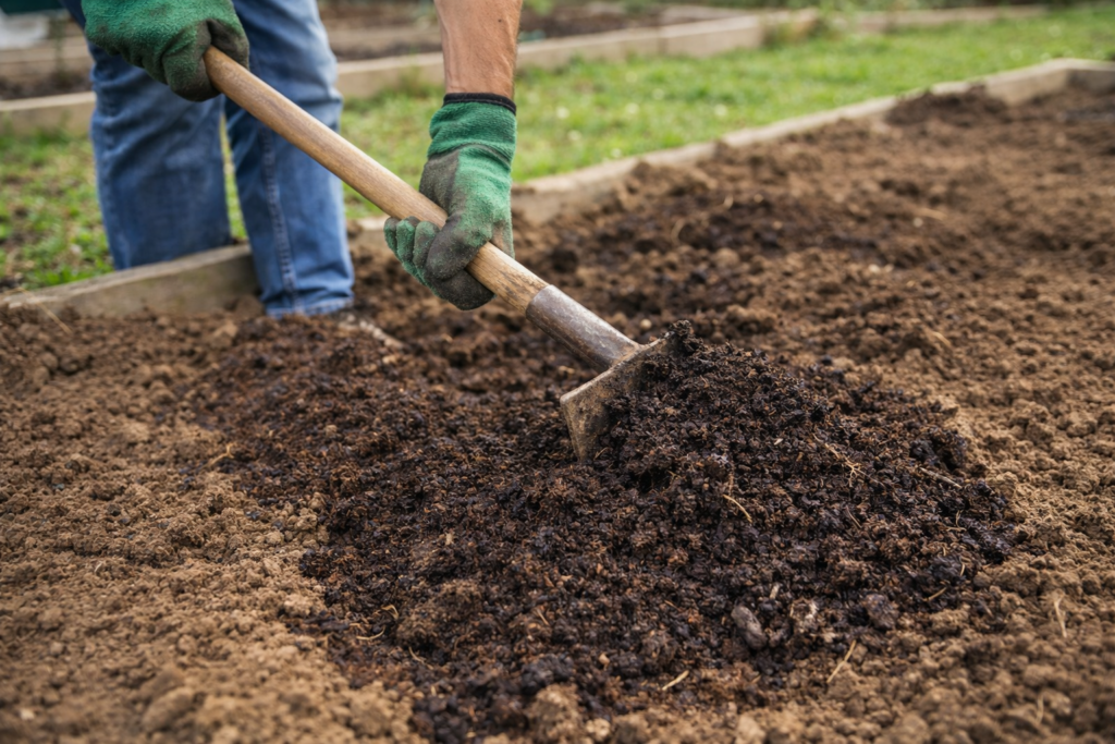Bodenvorbereitung im Frühling Einarbeitung von Kompost in das Beet Garten im März