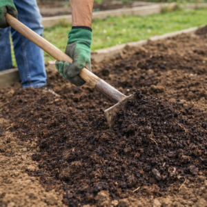 Bodenvorbereitung im Frühling Einarbeitung von Kompost in das Beet Garten im März