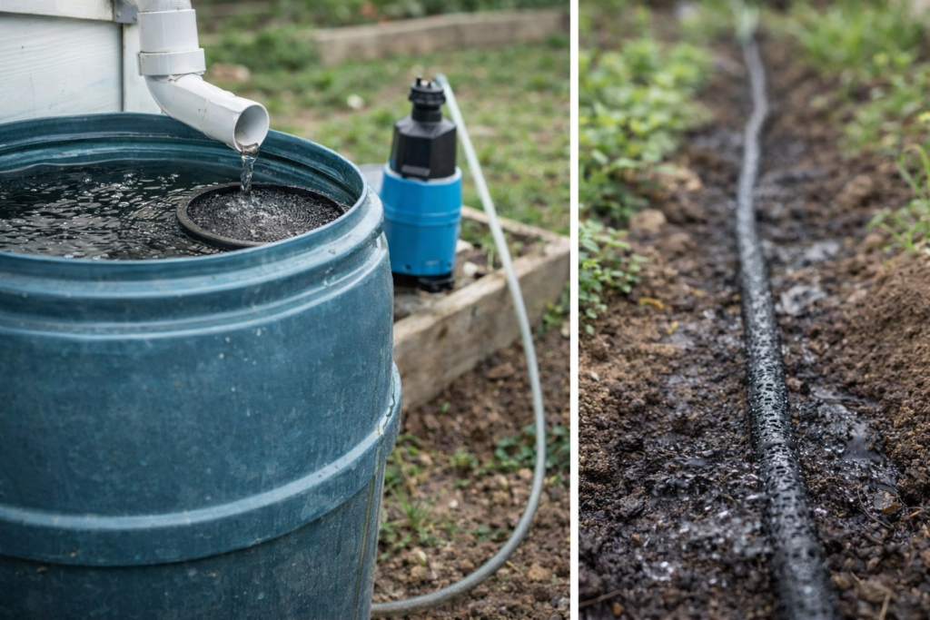 Regenwassersammlung in einem Fass und Tröpfchenbewässerung im Garten im März