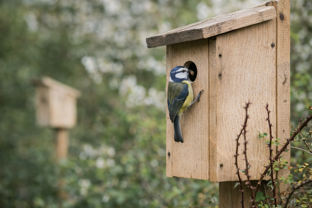 Vogelhaus mit Blaumeise im Garten im März – Förderung der Biodiversität