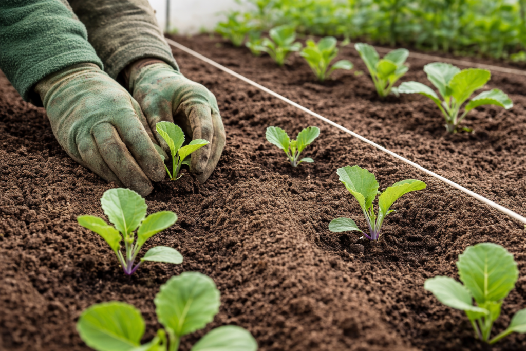 Pflanzung von Kohlrabi und Blumenkohl im Frühling – Setzlinge im Beet, Garten im März